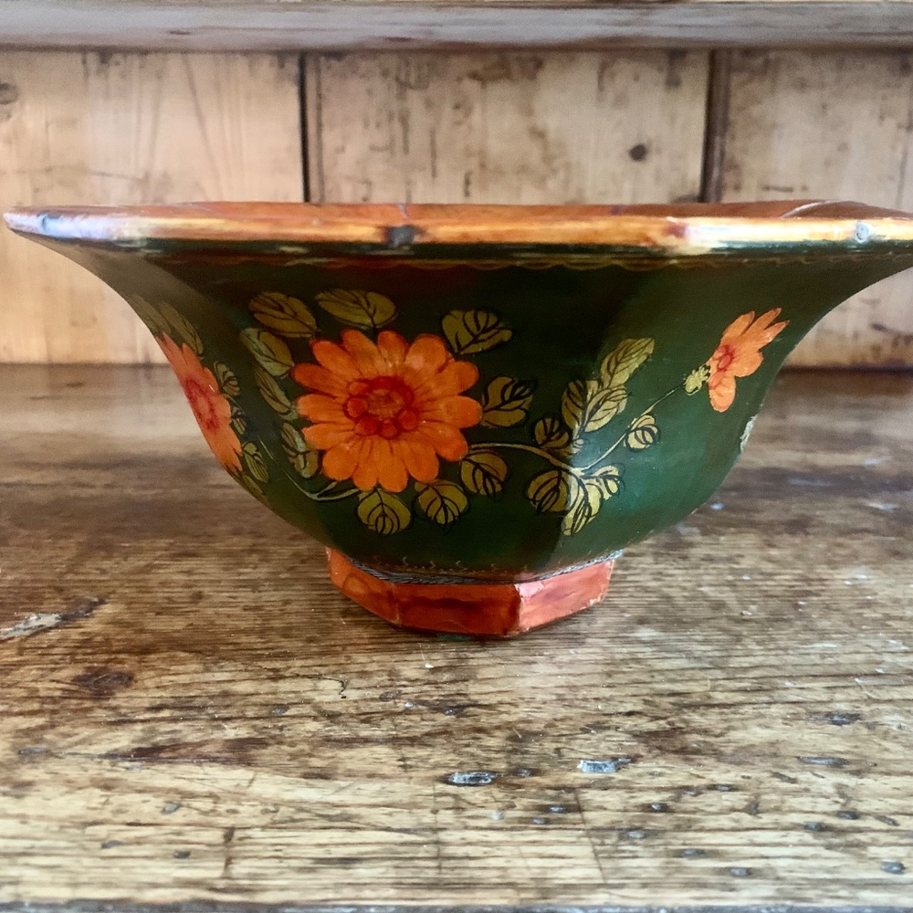 Vintage Japanese Hand Painted Floral Wood Bowl Lacquerware Boho Cottage Decor